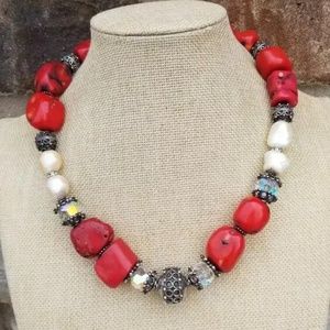 Large Chunky Red Coral ,chunky pearlsNecklace. Statement Necklace sterling silve